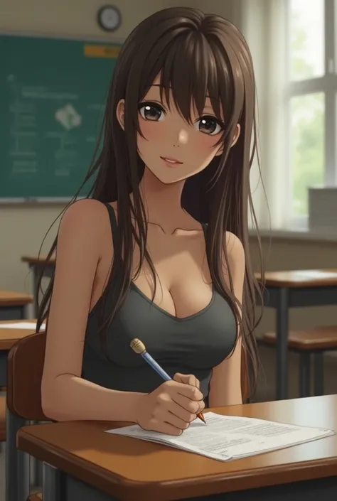 One girl, she is very very young, she is  , she has big breast, big boobs, she has long straight brown hair, she is sitting in a class on the desk, she is the only one in the class, she has a gray push-up top, she is still in elementary school, she is wet ...