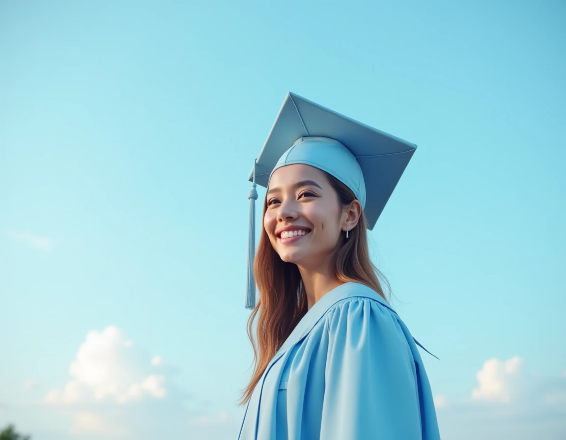 girl graduating from college with gown and cap light blue sky blue