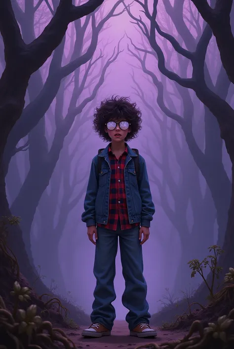 A curly eyeglass teenager wearing clothes from the 90s goes back to the inverted world of Stranger Things 