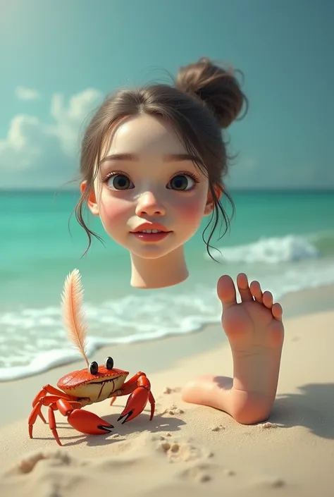 A beach on the beach is separated magically living head from a girl who  is and laughs next to her head lies a foot of her who is also gone and tickled by a crab that holds a feather