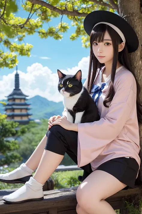 anime character with a cat and a hat on sitting in front of a tree, an album cover inspired by Bian Shoumin, trending on pixiv, shin hanga, keqing from genshin impact, zhongli from genshin impact, genshin, genshin impact character, heise jinyao, isekai, ge...