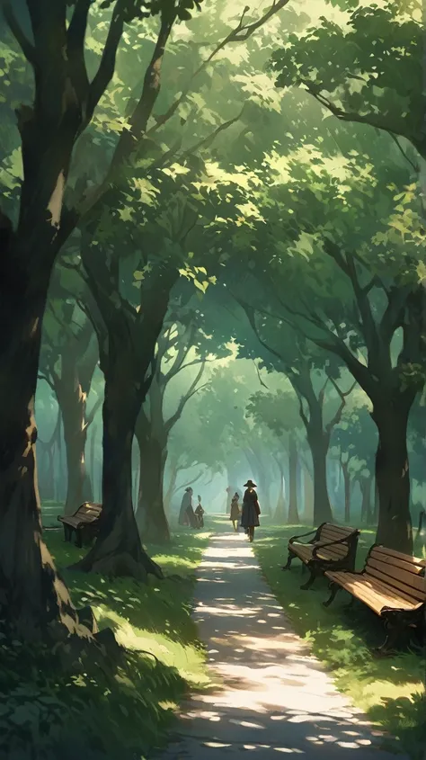 The character walks through a quiet park, their gaze focused forward, avoiding direct contact with others. A passerby glances at them with curiosity, intrigued by their composed and enigmatic demeanor. The background shows scattered trees and benches under...