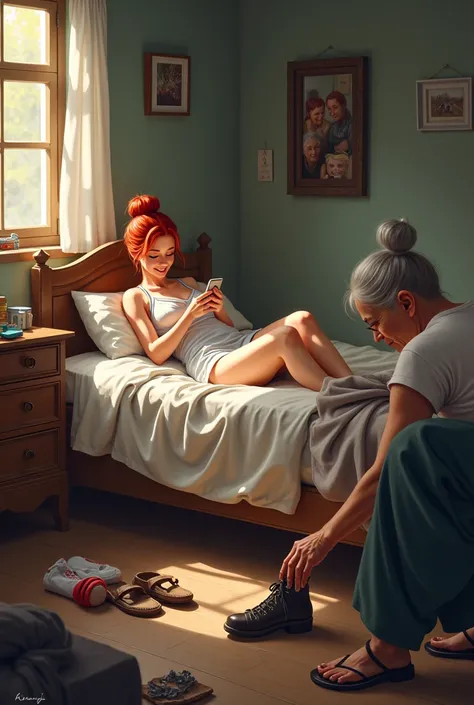  In a slightly cluttered room ,  illuminated by a warm dim light , a 20 year old girl,  with red hair tied in a bun ,  she is lying carefree in her bed ,  wearing a modern bathing dress and holding their cell phone with A hand. Smile loudly while looking a...