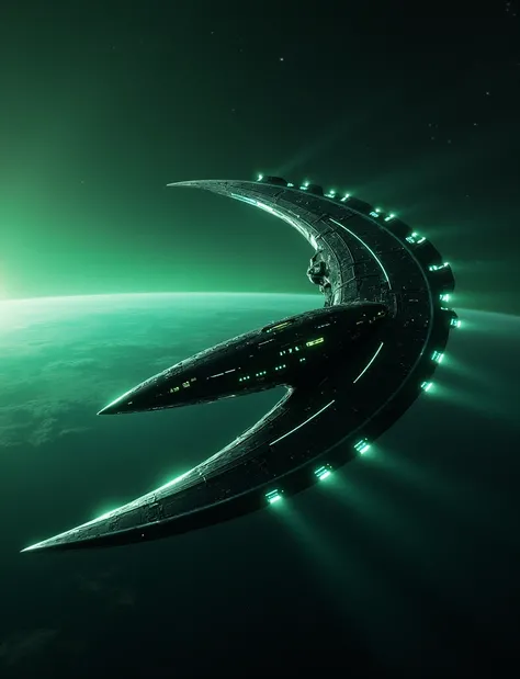  A curviline-looking spaceship , alien,  rendered art similar to a boomerang ,  of shiny, shiny black metal , lisa,  has six small shiny cyan green cabins,  leaves a cyan green wake ,  behind it is a background of outer space , HD . 