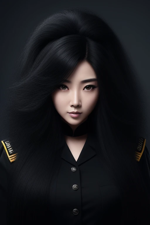 jet black hair,most very long hair,most very lion hair,most very wolf hair,most very frizzy hair,coarse hair,most very spread hairstyle,thick hair,fluffy hair,most very heavy weight hair,most very voluminous hair,shiny jet black hair,female jail officer,bl...