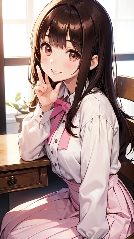  sitting on a stylish cafe chair ， cute very young girl with long shiny hair and bangs，Smiles and laughs，From the waist to the upper body，Idol type with big eyes ， white long sleeve blouse and pink long skirt ， Brown Eyes ，Look forward， best quality， high ...