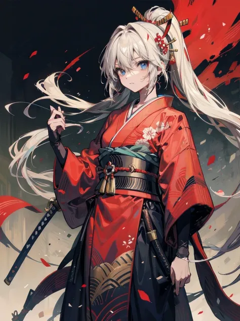 A samurai in a red kimono, 