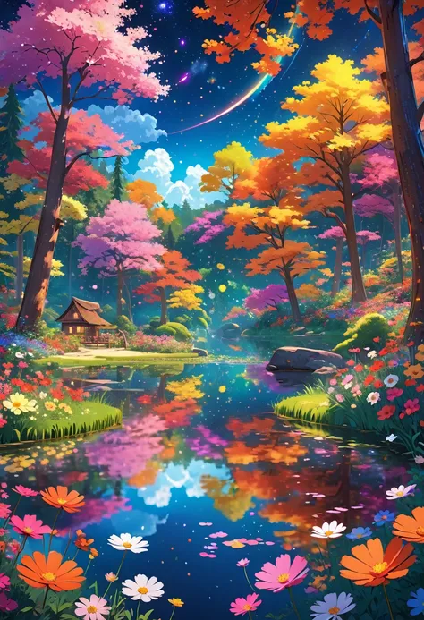 /imagine prompt: Viral anime nature wallpaper in 4K quality, in the style of Pixar 3D inspired by Coco, showing a lively forest clearing with colorful flowers, animated trees, and a crystal-clear pond reflecting the night sky; warm and festive color temper...