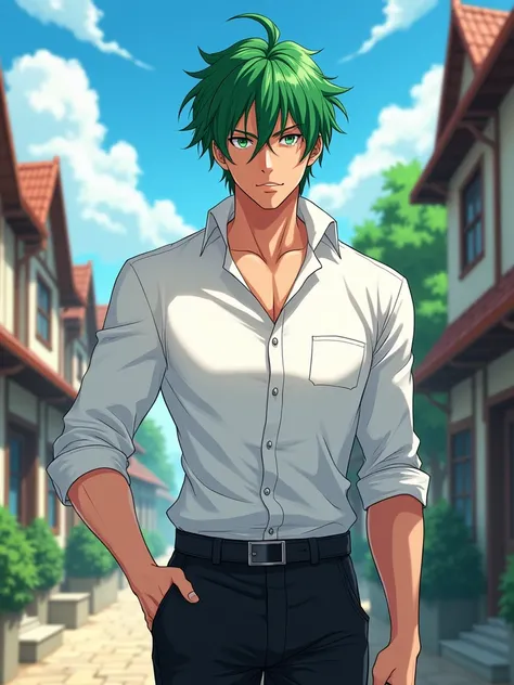 Adult male anime character,  green hair,  green eyes the color of the hair ,  white dress shirt with the collar up ,  black pants , The face of a bandit,  is daytime in a village with several houses.