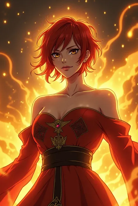  Akagami no Shanks opposite gender , Redhead,  short hair , 29-year-old mature ,  attractive and very very busty ,  dressed as a very powerful goddess with a golden aura at night