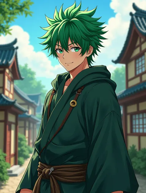 Adult male anime character,  green hair,  green eyes the color of the hair , ninja style clothes, The face of a bandit,  is daytime in a village with several houses.