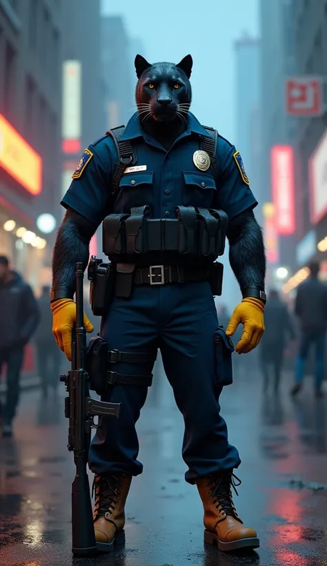 Highly detailed and realistic image of a full body animal that is a mix of a Black Panther 
male and a human male, strong and muscular, in full dark blue uniform, carrying a rifle standing in the center of a well-lit city and people walking in the backgrou...