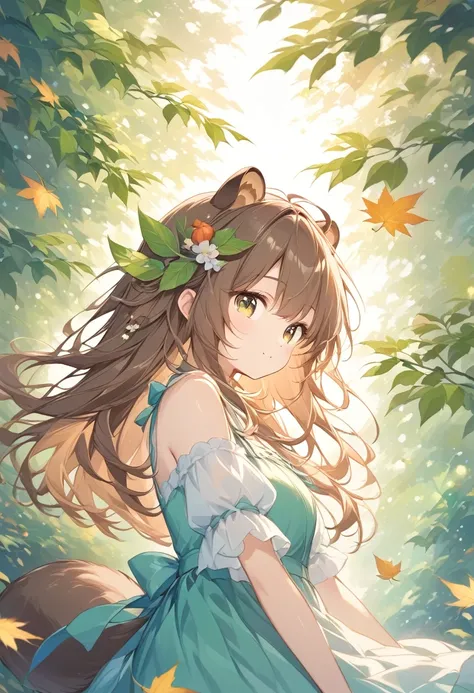    subtle and soft painting style、autumn、 falling leaves swirl 、  Sunlight shines in  、 beautiful artwork 、raccoon girl、raccoon ears、 raccoons tail 、In the head １ Place a green leaf  