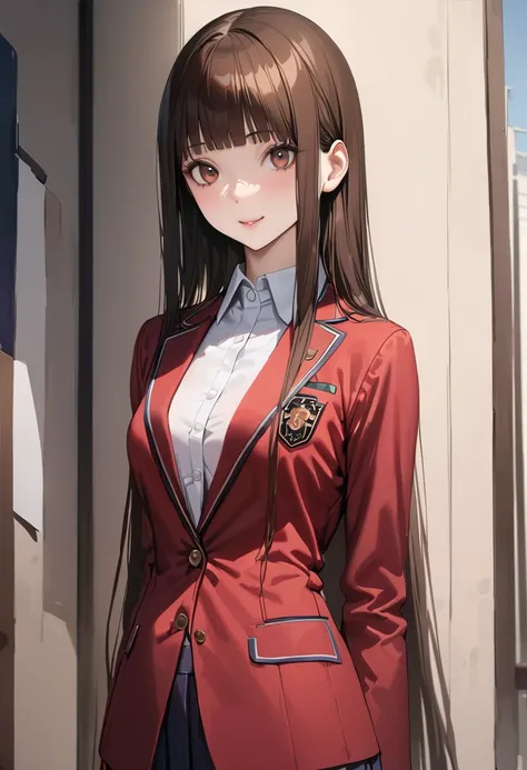 ((masterpiece,best quality anime,Highest quality:1.3)),realistic,portrait,cowboy shot,1woman,(1 beauty),((very small head:1.3)),(light skin),((very long body:1.2)),((shoulder length hair)),straight hair,dark brown hair,bangs,(gorgeous big eyes),brown eyes,...