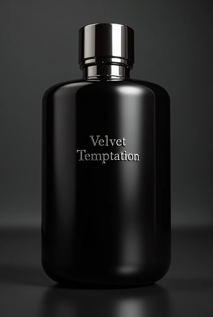 
Tall-rounded bottle of perfume, solid appearance Black,  with the brand name in the centre " Velvet temptation" a silver top with screw or sprayfunction. Scream masculinity, luxury and virility