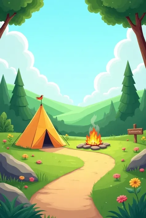 Create a cartoon image background seen from afar with nature with a fire pit and camping tent and its daytime with space for feet