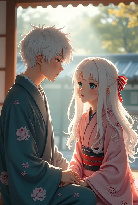  Albino woman with blue eyes long wavy hair,  Japanese she wears a kimono for high school age 5, with his albino dad also playing