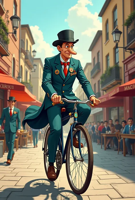 Cartoon of a tailcoat collector riding a bicycle