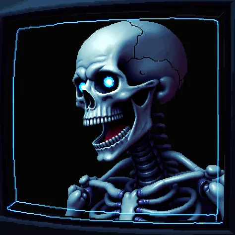 a computer screen showing an image of a skeleton with blue eyes and an open mouth, undead cyborg head, cyber skeleton, portrait of a cyber skeleton, system shock 2, horror game graphics, doom engine, horror video game, dos game, old 3d graphics, cyber skel...