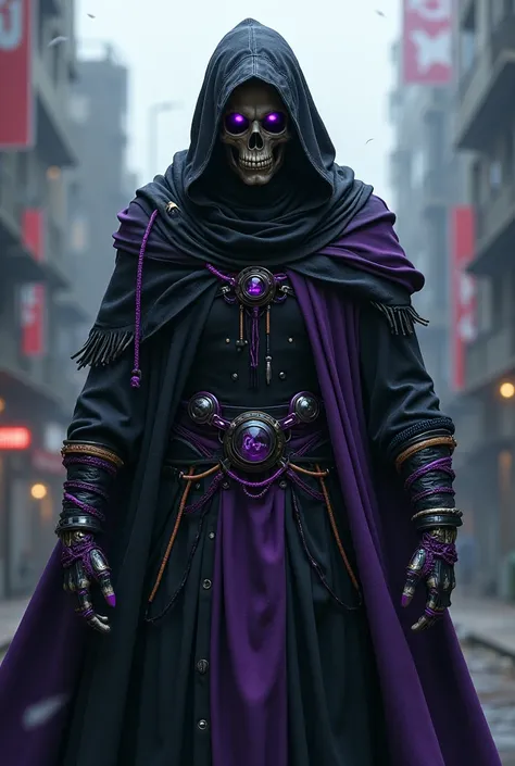 skull mask, dark skull mask, man, cyberpunk, hooded, purple gear, Necromancer, Cyberpunk fantasy