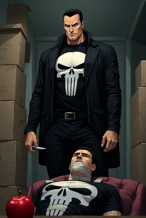  Play the Punisher in an anime wearing his classic clothing that he wears only for murders in a scenario where he has a man caught with a lot of adhesive tape holding him making it impossible to move, This one on an apple is inside a house .   where inside...