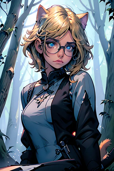 perfect face. perfect hands. a blonde haired woman with blue eyes and glasses and blonde cat ears and a cat tail and white wings...