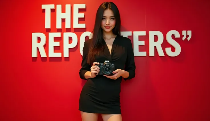  18-year-old female, long black straight hair stripe in the middle,  green eyes, huge breasts, short fitted black dress , legs atléticas, brown eyes,  flirty smile ,  she wears a Sony camcorder in her hands , Red wall with the legend "THE REPORTERS " in wh...