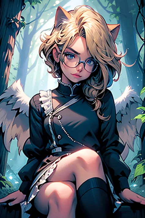 perfect face. perfect hands. a blonde haired woman with blue eyes and glasses and blonde cat ears and a cat tail and white wings...