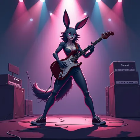 Full body pose, female full body pose, wolf-human like body, face of a bunny, playing a guitar on stage, in digital art cartoon anime style, flat colors only.