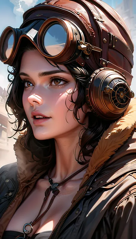 ( best quality, 4K, 8k,  high definition , masterpiece:1.2), Super detailed, 1 person, woman,  steampunk design ,  aviator cap , goggles, Before the Fighter, vapor, cigarette, Powerful strokes,  High Contrast, Portrait of a Hero, Adrenaline rush,  MORE WEA...