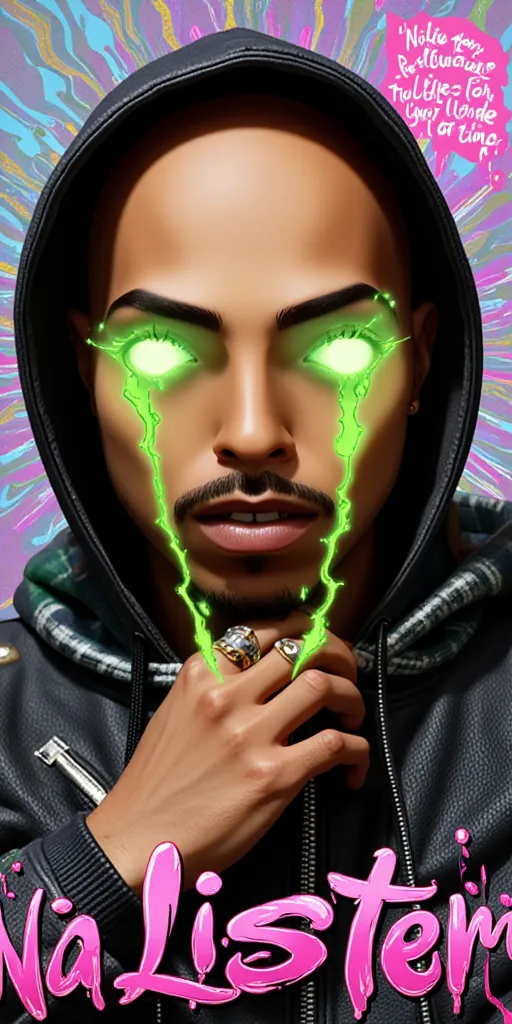 3D animated Character Nztykle , Strong beams of Lazers Neon Lime green energy Shooting From Eyes with energy Particles ::6 The man is Muscular Wearing Streetwear, the man has super close shaven skin Bald Head::5.1 , dreamscape portraiture, eye-catching detail, A 3D render of an anime-style bald-headed character with brown skin and glowing neon lime green eyes. The character is set against an Vibrant Pastel The character exudes a mysterious aura. The background contains provocative text phrases like "Raptile," "Talijuano," and shocking confessions. The words "NA LISTEN" are prominently displayed in large, bold letters at the bottom, with a random and creative color scheme that is 3 contrasting colors that are interesting . The scene is further enhanced with mature elements such as 18+ icons, , and a smirking emoji, adding a controversial and mature touch to the theme. highly detailed illustrations, in the style of 8k resolution, in the style of realistic detail, juxtaposition of hard and soft lines, 3D animated Character Nztykle powerful warlock in streetwear NIke x Takashi Murakami x Raf Simmons x Yeezy x Pharrell Williams x Kaws, avatar animated style, 3d, 8k, in the style of Jed-clrfl