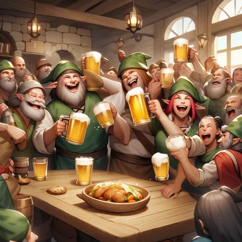  Create an image of a lively tavern with people partying composed of elves, dwarves and humans toasting with beer mugs in their hands .