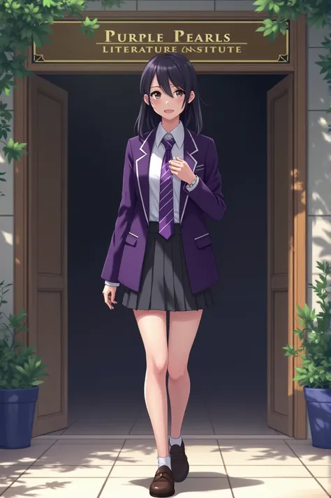 A Student in Purple Blazer, white shirt, purple tie with white stripes, dark grey skirt and a Purple blazer  walking into a School with the name Purple Pearls Literature Institute.