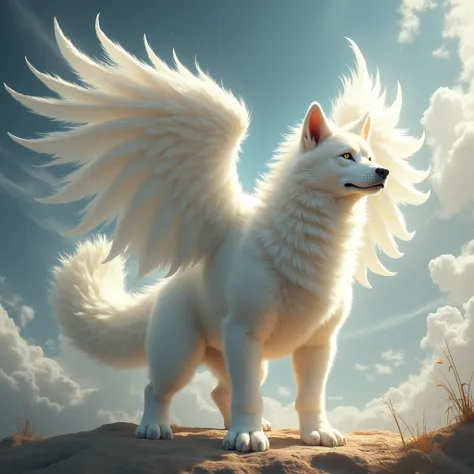 A dragon similar to a giant Akita Inu with angelic white wings