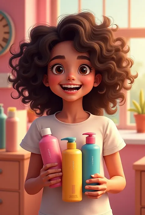 DRAW A TEENAGE GIRL WITH CURLY HAIR CELEBRATING BECAUSE SHE WON SEVERAL HAIR CREAMS AND SHOWING THEM AT THE SAME TIME