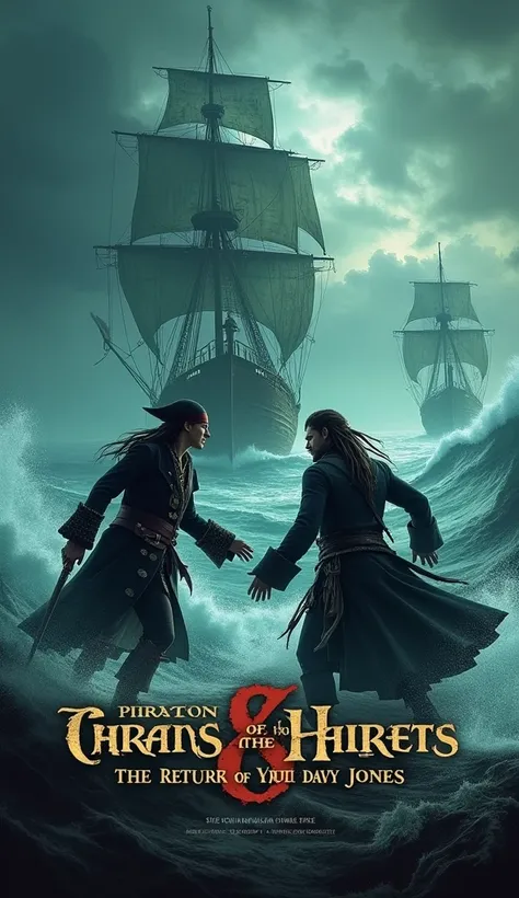 make a cover of the movie Pirates of the Caribbean, write the name in the middle of the image "Pirates of the Caribbean 6: The Return Of Davy Jones"