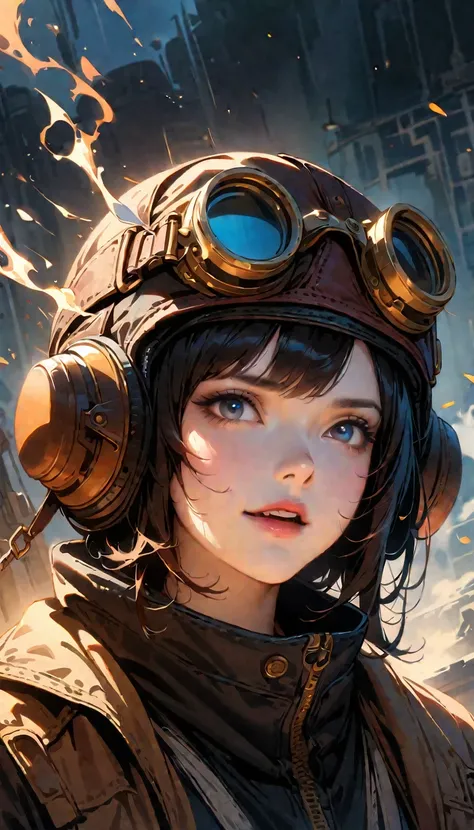 ( best quality, 4K, 8k,  high definition , masterpiece:1.2), Super detailed, 1 person, woman,  steampunk design ,  aviator cap , goggles, Before the Fighter, vapor, cigarette, Powerful strokes,  High Contrast, Portrait of a Hero, Adrenaline rush,  MORE WEA...