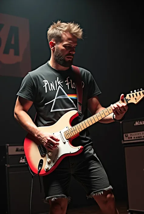 Low-muscle rock-style man with pink floyd t-shirt, short pants,  short hair and very little beard playing white and red electric guitar