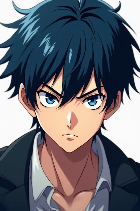 Anime, male, teenager, adolescent, bully, straight dark blue hair, short hair, dark blue eyes, irritated look, student, cool, handsome,