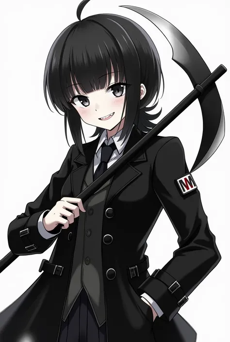  dark hair stuck in the back of the hair , large fringe that covers the eyes completely , a monochrome sickle equipped on the back , dark monochrome handle on the right arm ,smile with sharp teeth, 2 pistols one black and the other white equipped at the wa...