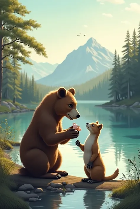 Fais une image d’un ours demandant à une loutre de l’épouser. Ils sont devant un lac et l’ours est à genoux, tendant une bague