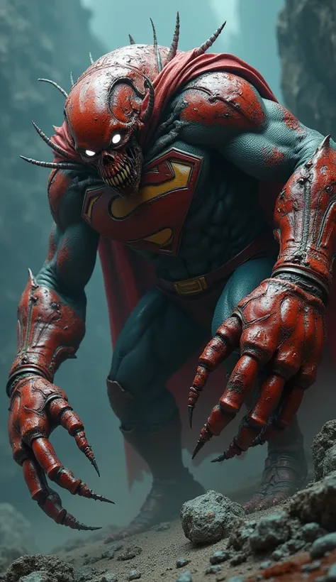 Create a dark fantasy image of a monstrous hybrid creature formed by merging features of a crab, Superman, and a zombie into one dangerous, monstrous entity. The creature should have the crabs large, sharp pincers, the muscular build and cape of Superman, ...