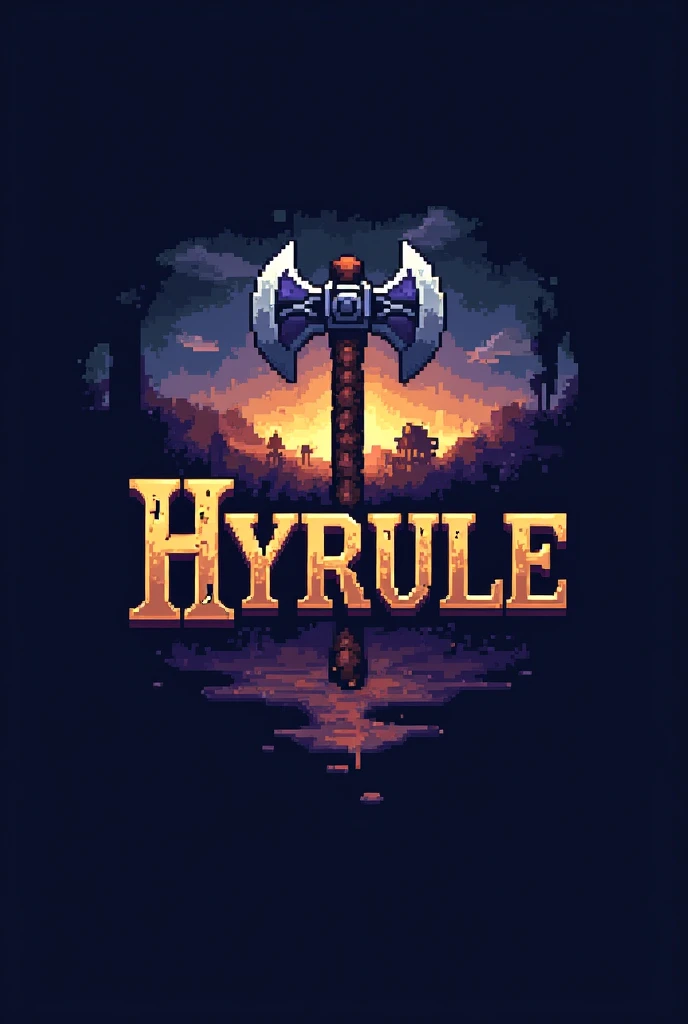  Make a logo for a Minecraft server with the colors gold, purple and dark blue the server is called  "Hyrule" The name has to come out and let the axe be big, youve pixelated its night in a landscape and more gold and purple less blue than 16-bit and that ...