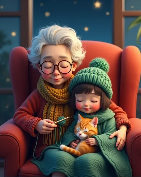 A white-haired, kindly grandmother in Taiwan, wearing glasses, sits in a red armchair, knitting a scarf with knitting tools in her hands. Next to the grandmother is a , wearing a green woolen hat and a blanket with the same pattern as the scarf, her eyes a...