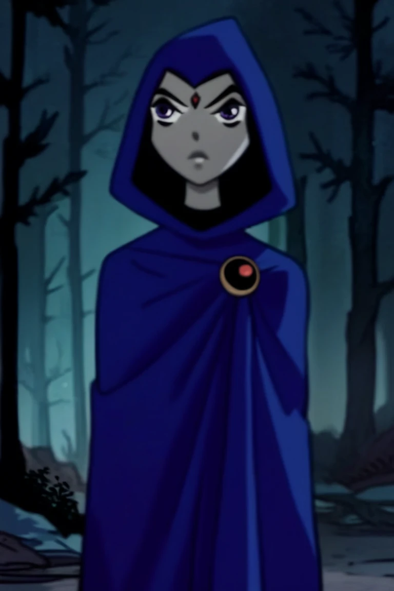 1girl, solo, raven (dc), purple eyes,  purple hair, grey skin, forehead jewel, blue cape covering whole body, long large blue cape, night, forest, tower, hood covered head, standing, High Resolution, Best Quality, Masterpiece, 