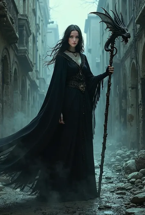 Elara, clad in her long black gown, was both feared and revered. She spent her nights wandering the crumbling streets of the city, carrying her staff adorned with the head of a dragon. It was said that the staff contained the spirit of an ancient dragon, i...