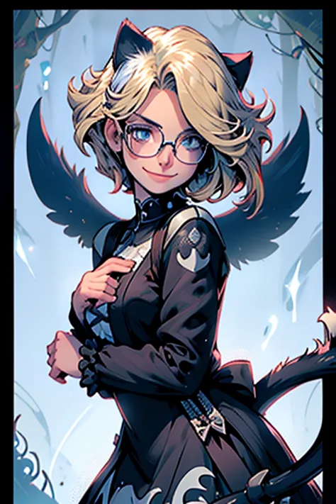 perfect face. perfect hands. a blonde haired woman with blue eyes and glasses and blonde cat ears and a cat tail and white wings...