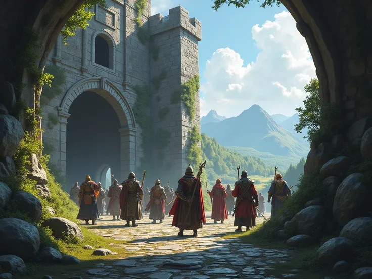 I want an image made up of 10 medieval adventurers immersed in a world of mmorpg video games about to enter a dungeon.