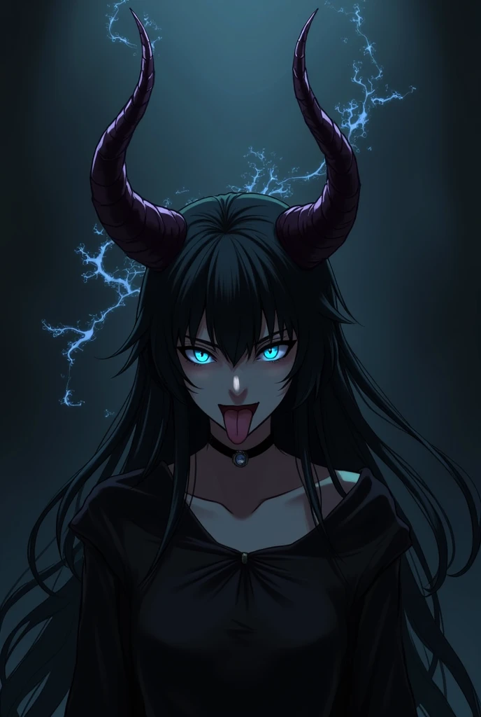 Make a dark anime wallpaper of a demon woman with blue eyes and horns with her tongue sticking out against the black background 