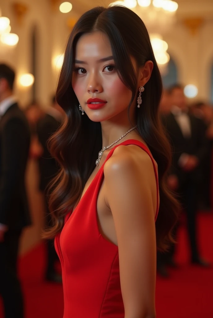  A dark-haired woman ,  straight and brushed back ,  wearing a bright red dress with an elegant neckline , at a sophisticated event .  The background must include a luxurious environment ,  with refined lighting and elements that refer to a gala evening.  ...